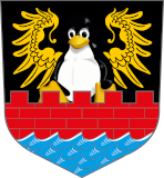 Emder Wappen mit dem Tux Maskottchen, anstelle des Engelkes